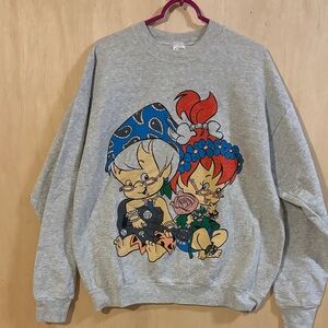 Vintage Fruit of the Loom Gray Cartoon Graphic Pebbles & Bam Bam Sweatshirt.